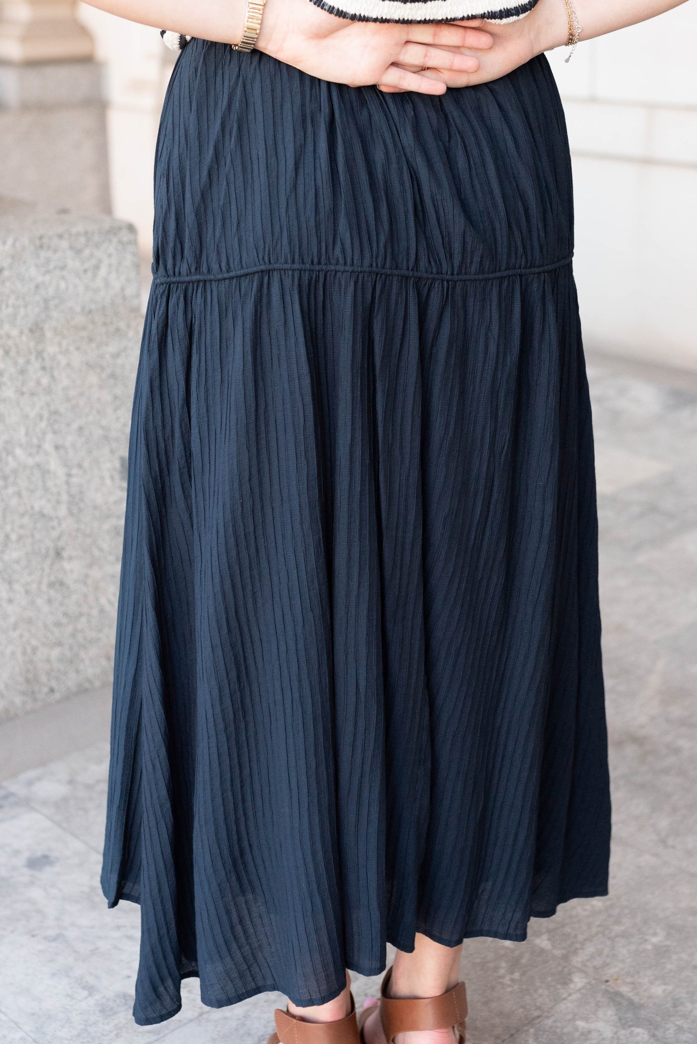 Close up of the navy maxi skirt