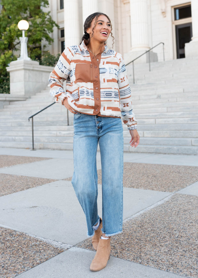 Blue and brown aztec shacket