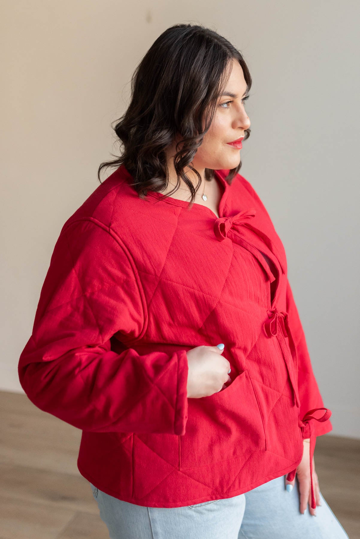 Plus size red quilted tie jacket