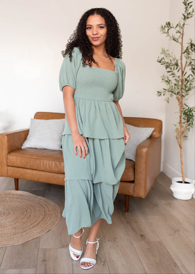 Wide sage square neck dress with ruffle tiered skirt