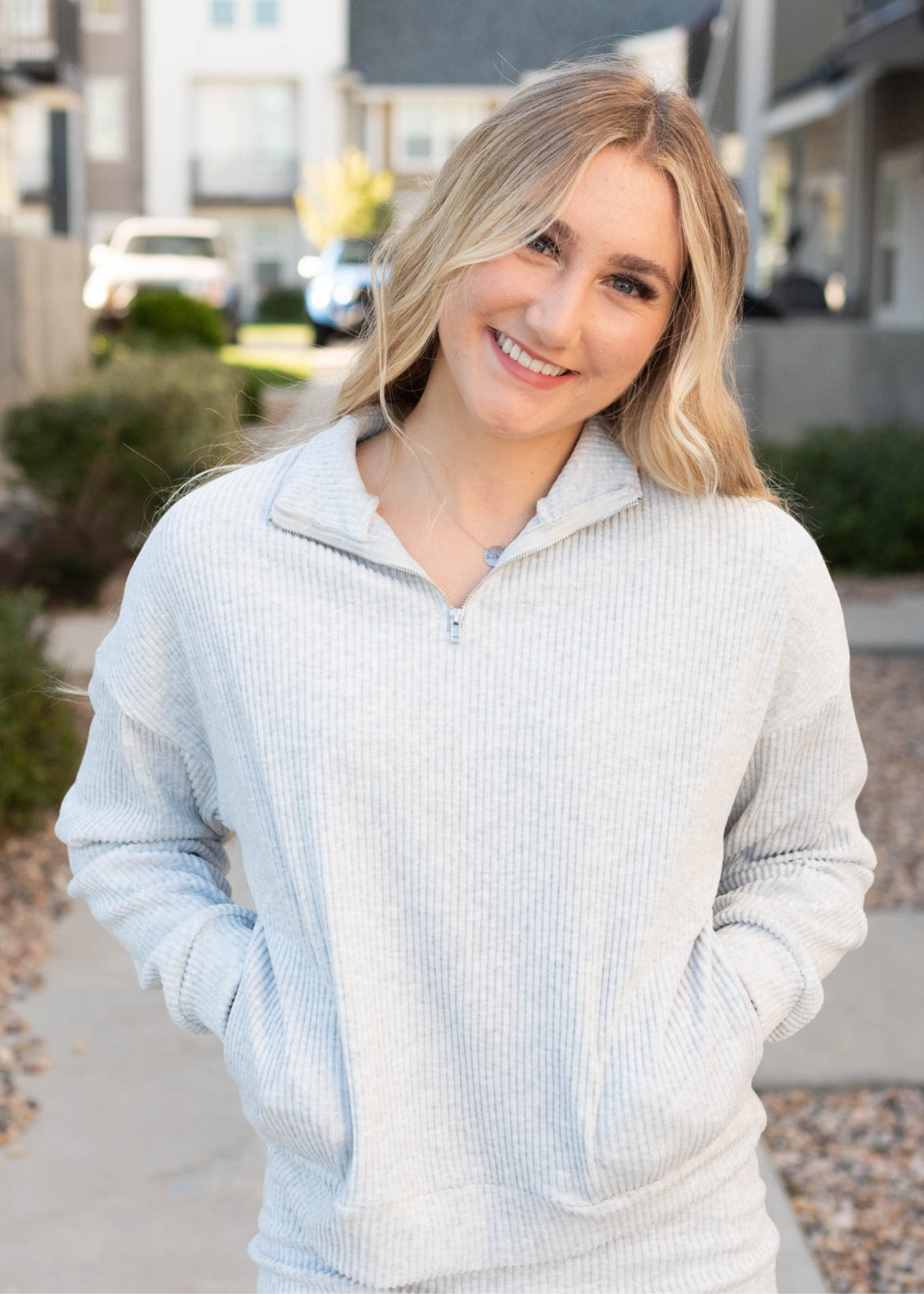 Long sleeve grey ribbed knit sweater