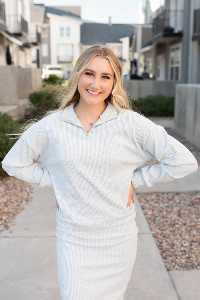 Grey ribbed knit sweater