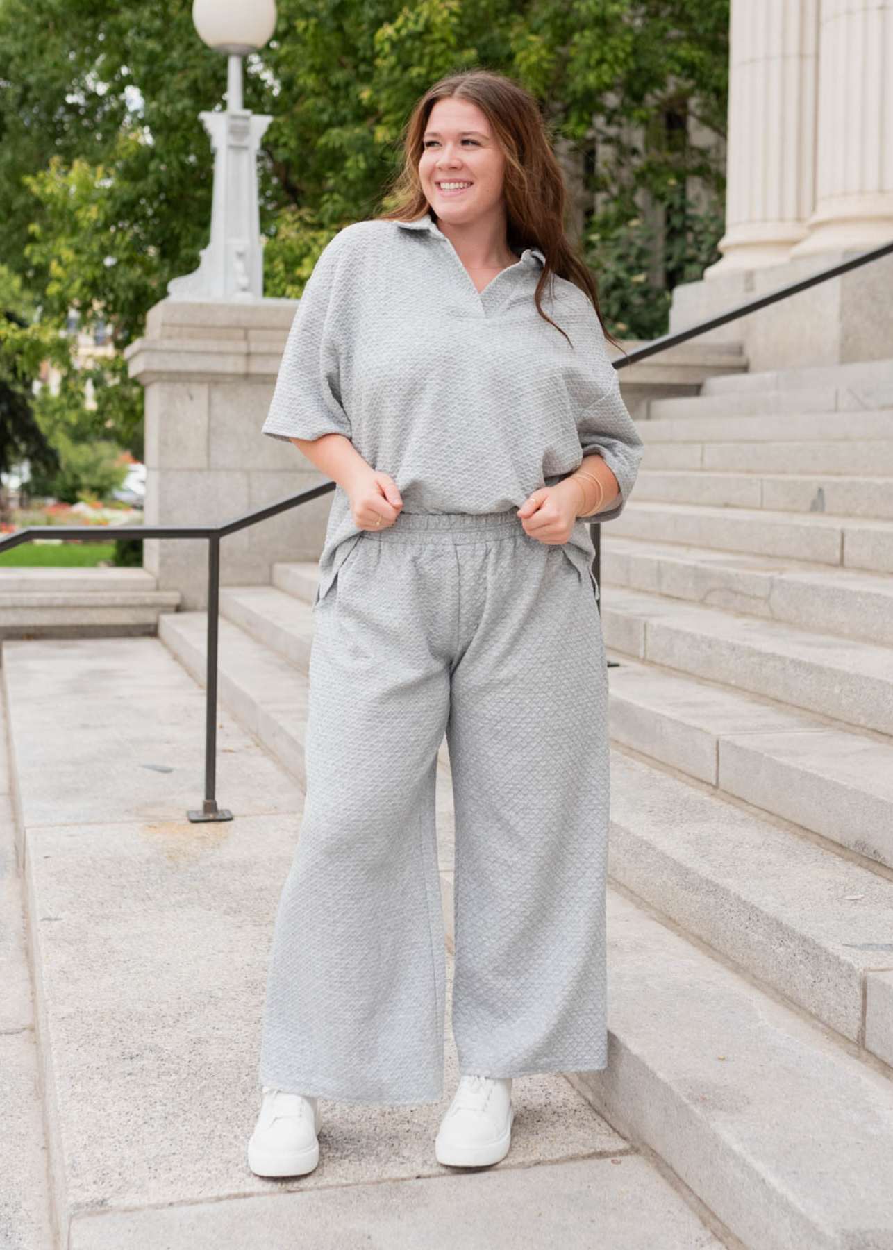 Plus size heather grey knit pants with elastic waist