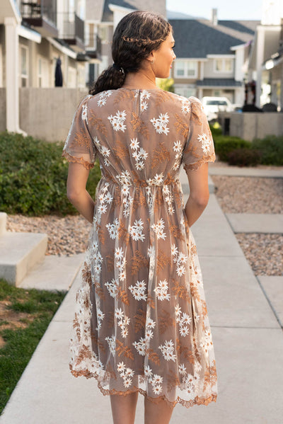 Back view of the brown embroidered dress