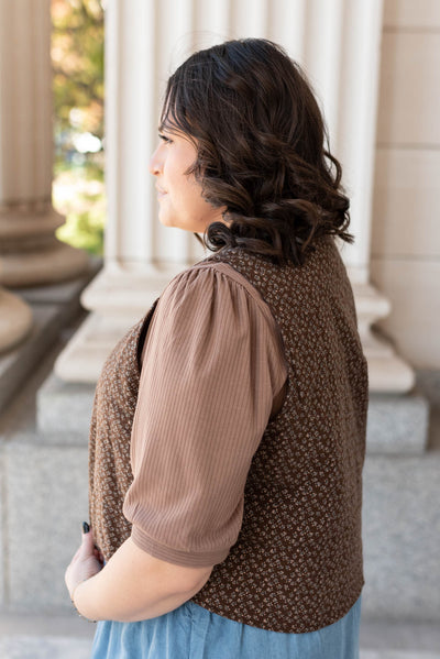 Side view of the plus size dark mahogany vest