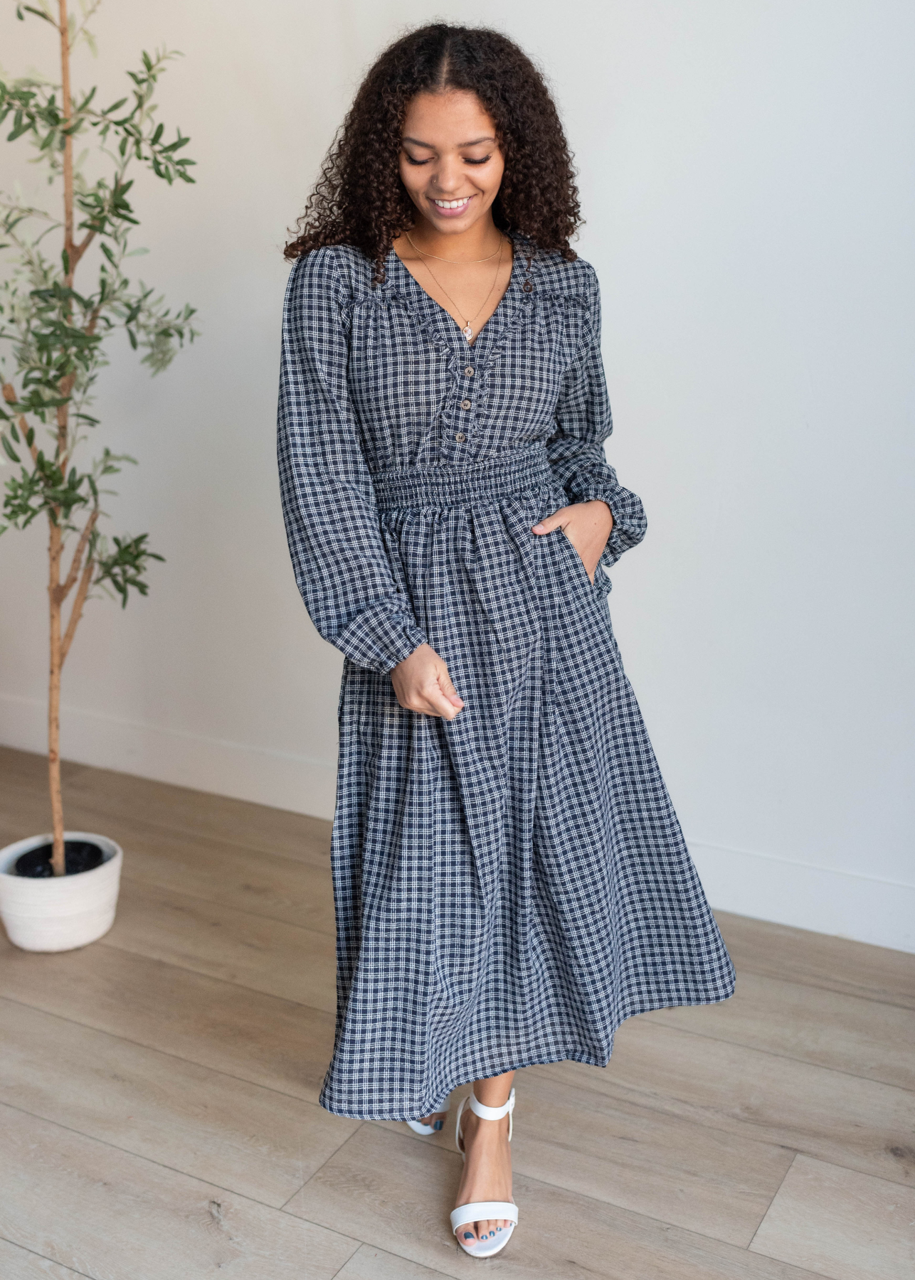 Navy plaid dress with long sleeves