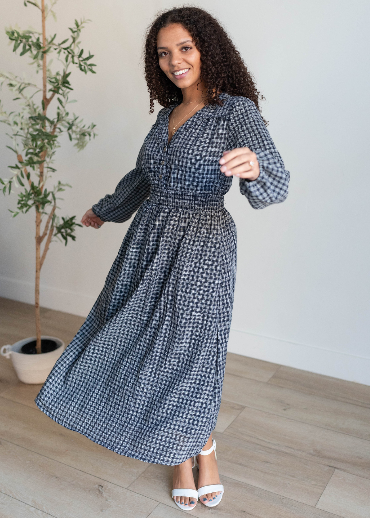 Long sleeve navy plaid dress