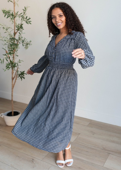 Long sleeve navy plaid dress