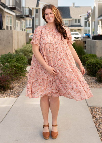 Plus size pink floral dress with tiered skirt