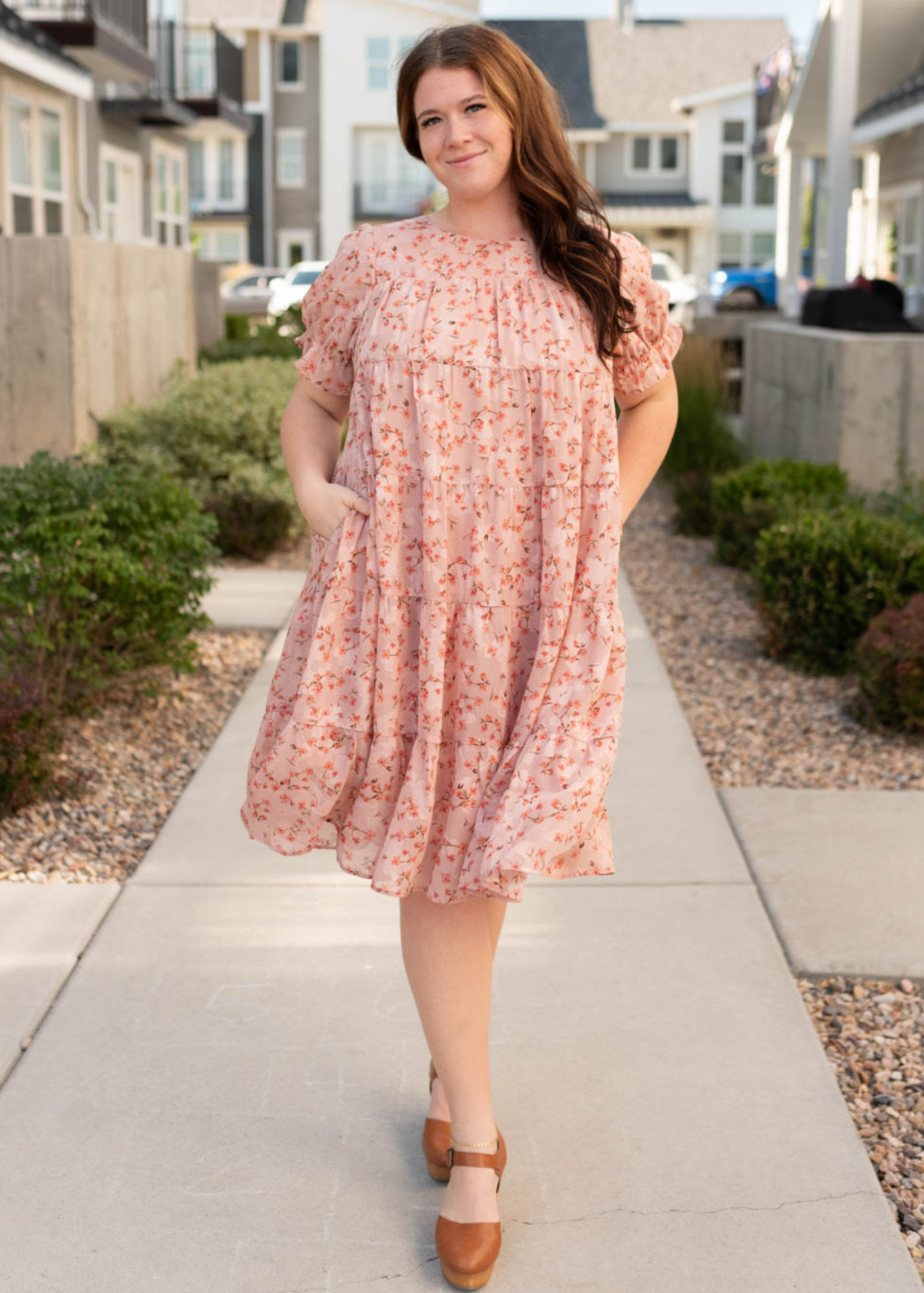 Plus size pink floral dress with pockets