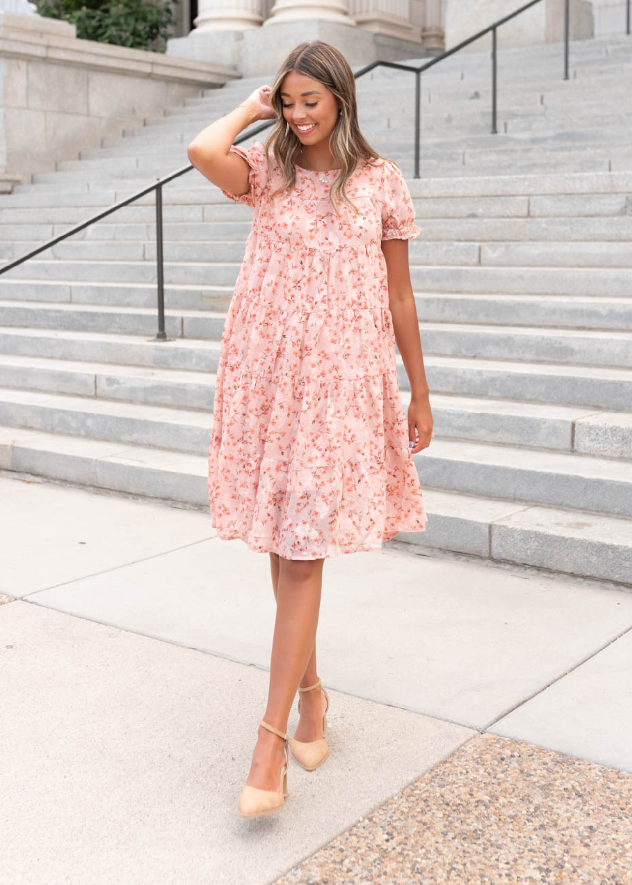 Small pink floral dress with tiered skirt