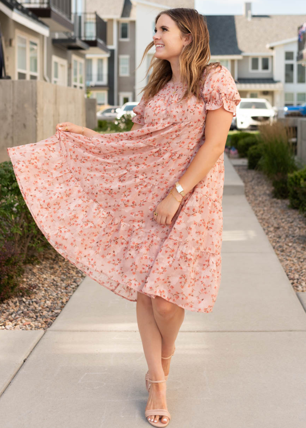 Pink floral dress with short sleeves