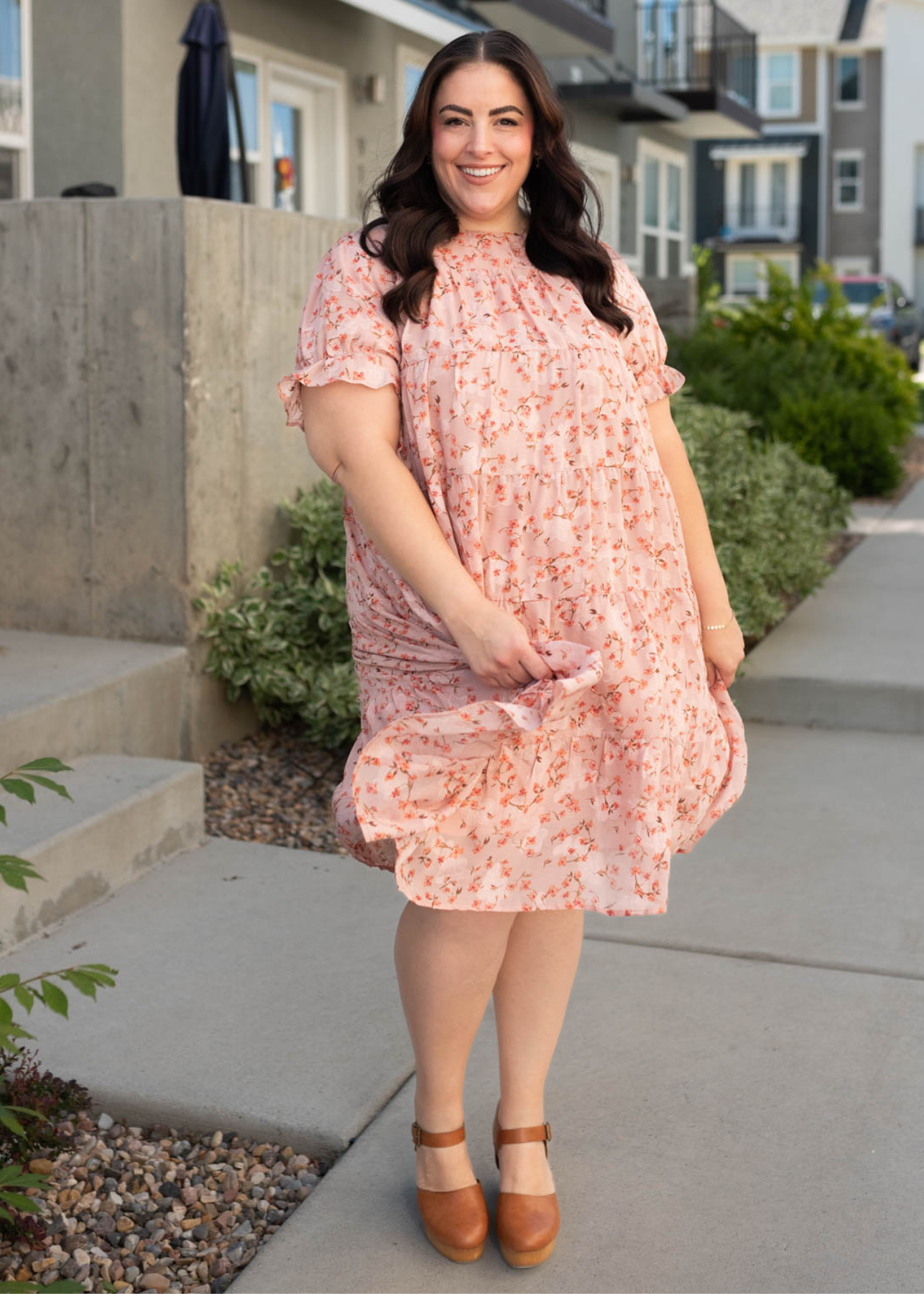 Short sleeve plus size pink floral dress