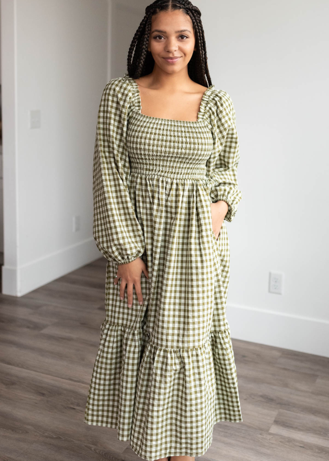 Lorena Olive Gingham Square Neck Dress