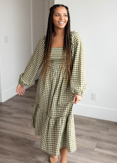 Lorena Olive Gingham Square Neck Dress