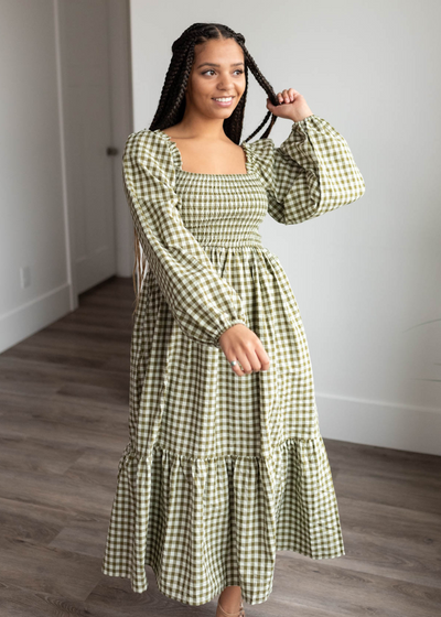 Lorena Olive Gingham Square Neck Dress