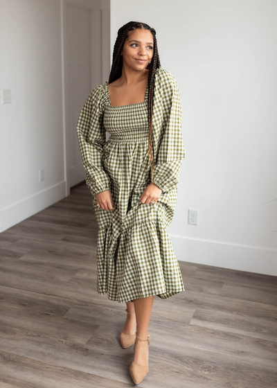 Lorena Olive Gingham Square Neck Dress