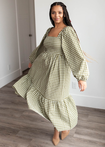 Lorena Olive Gingham Square Neck Dress