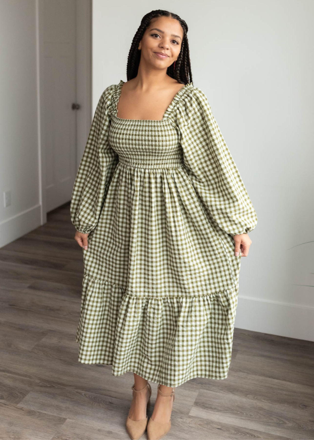 Lorena Olive Gingham Square Neck Dress