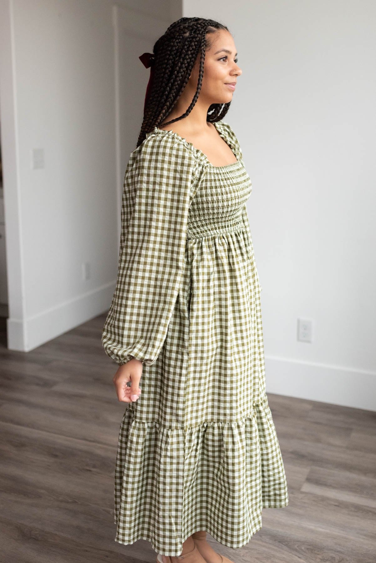 Lorena Olive Gingham Square Neck Dress