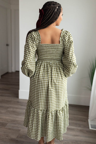 Lorena Olive Gingham Square Neck Dress