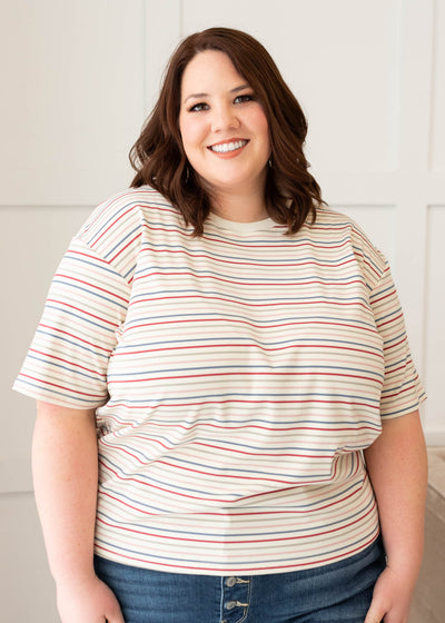 Short sleeve ivory multi stripe top