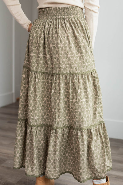 Back view of the olive floral skirt