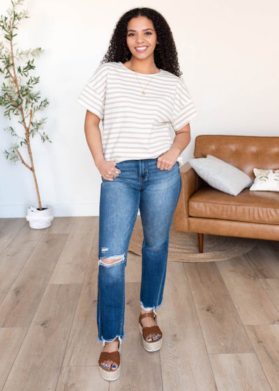 Taupe stripe top with short sleeves