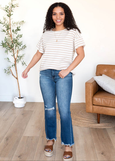 Short sleeve taupe stripe top