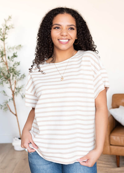 Drop sleeve taupe stripe top with short sleeves