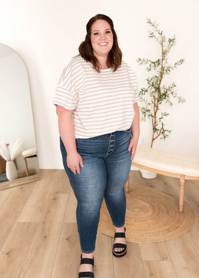 Taupe stripe top in plus size with short sleeves