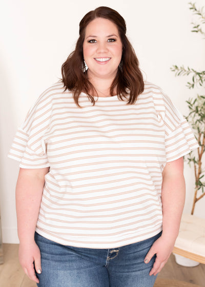 Plus size short sleeve taupe stripe top