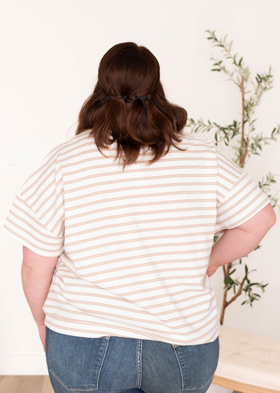 Back view of the plus size taupe stripe top