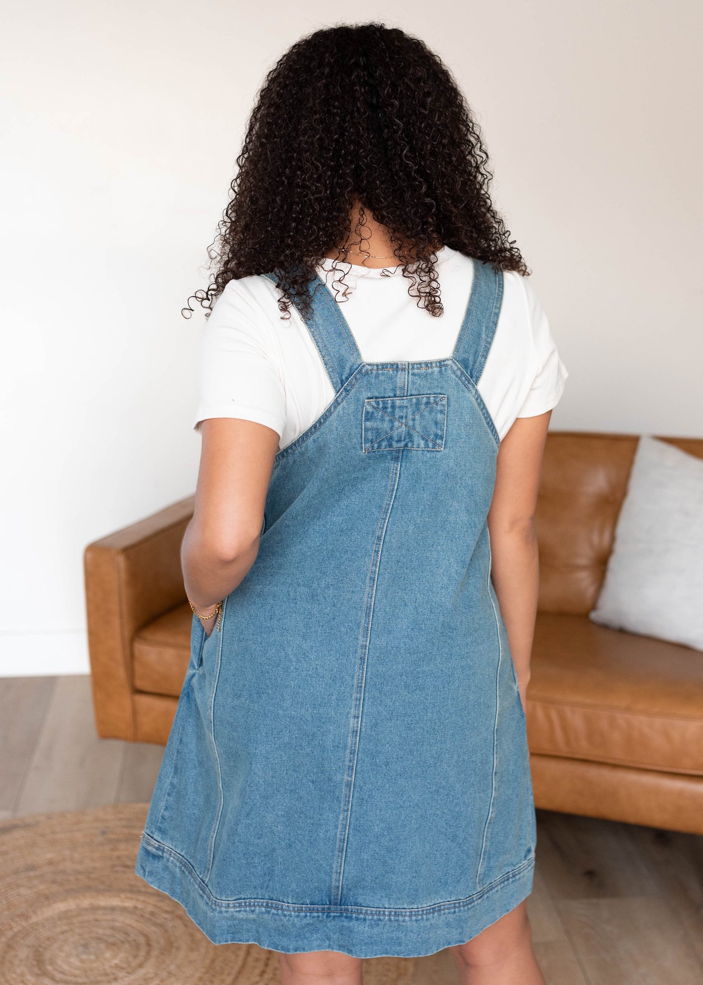 Back view of the washed denimoverall dress