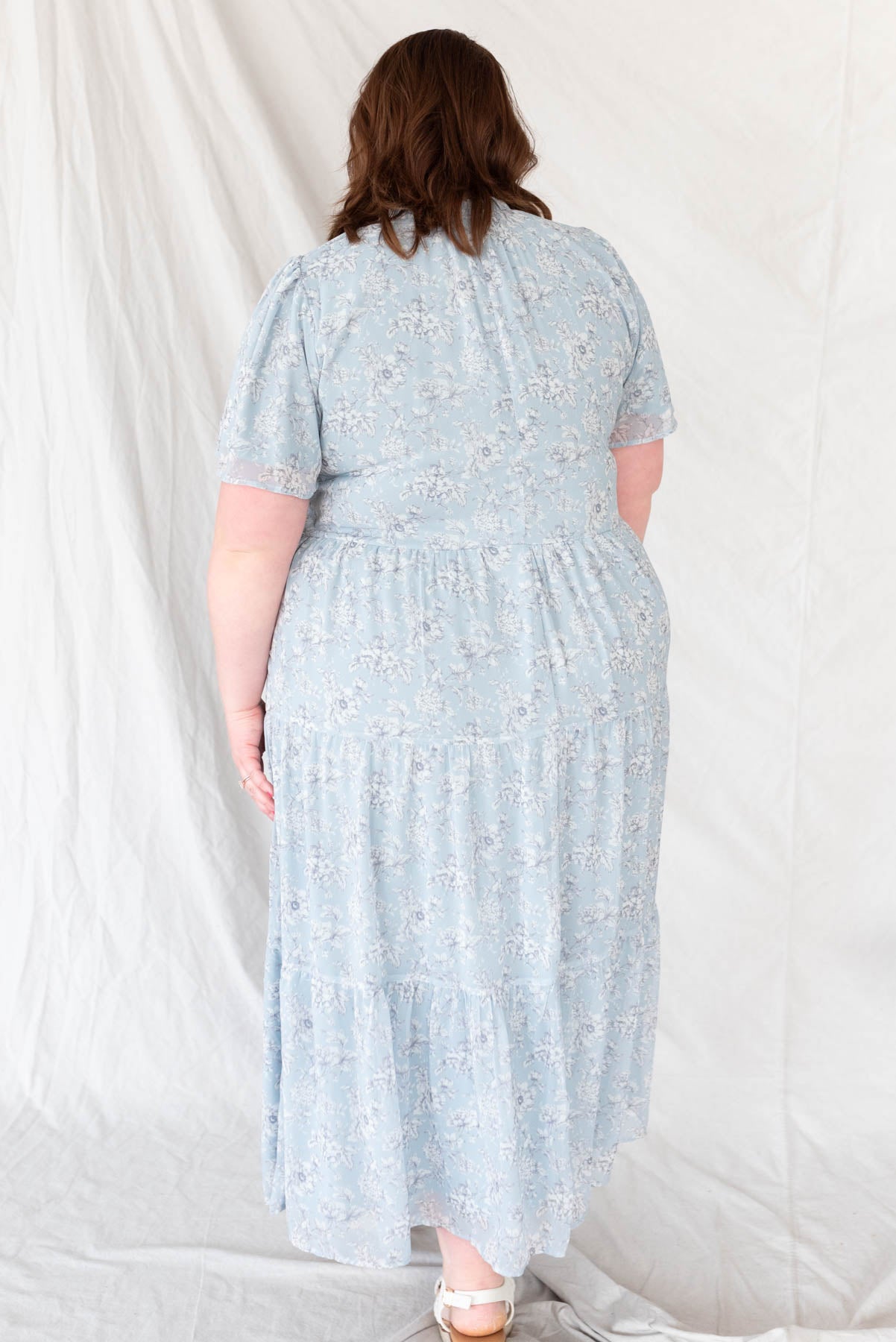 Back view of the light blue floral dress