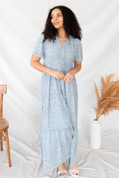 Light blue flroal dress with short sleeves