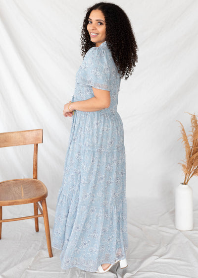 Side view of the light blue flroal dress