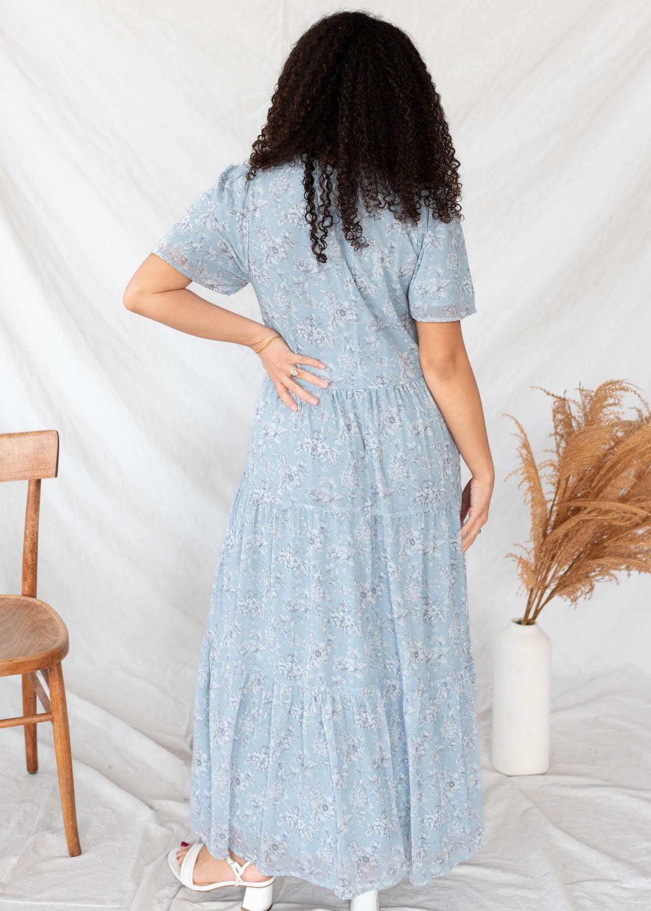 Back view of the light blue floral dress