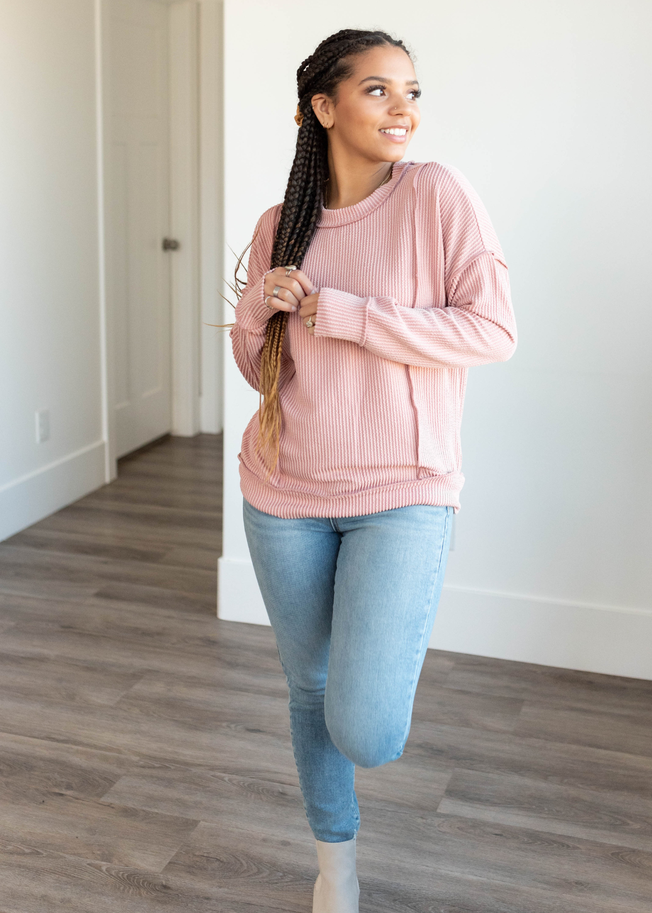 Light rose ribbed long sleeve top with wide cuffs