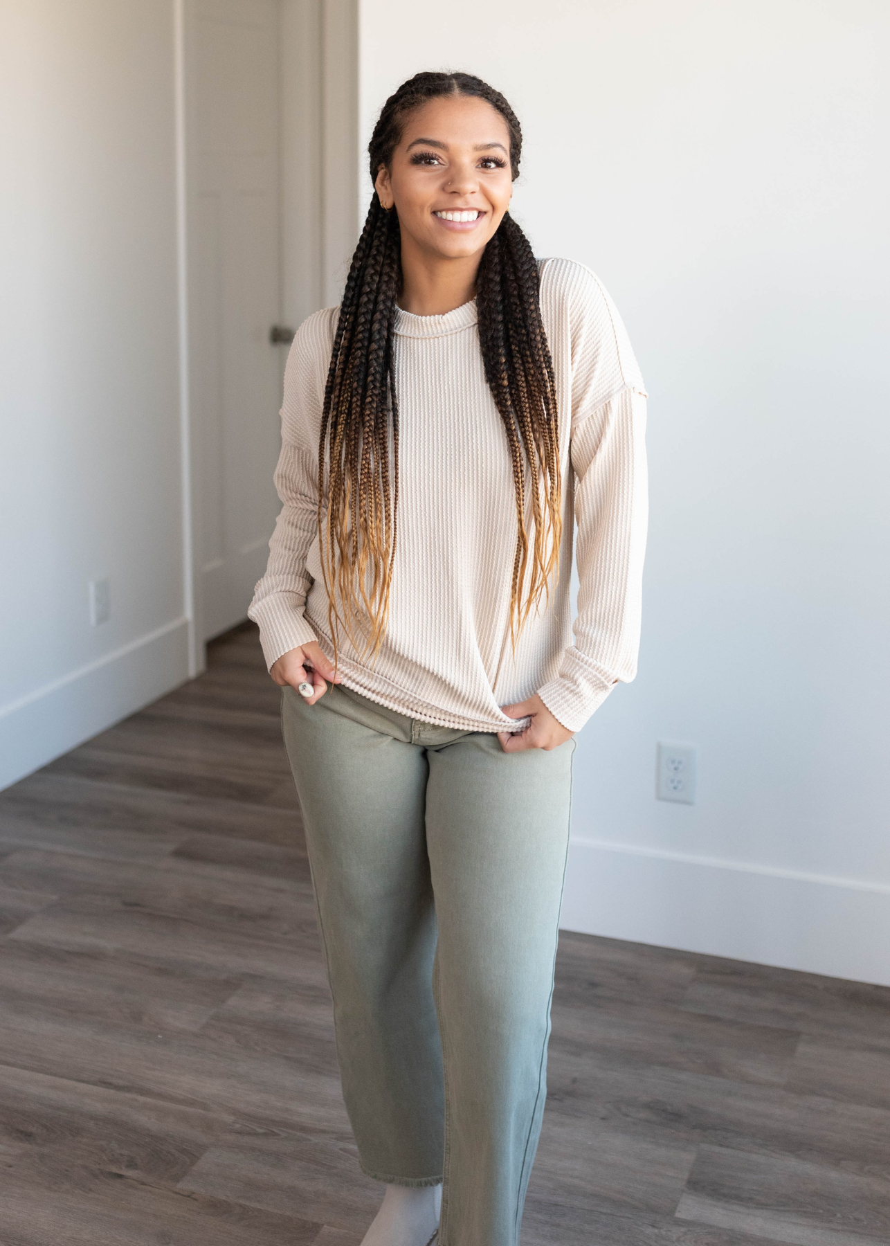 Sand beige ribbed long sleeve top