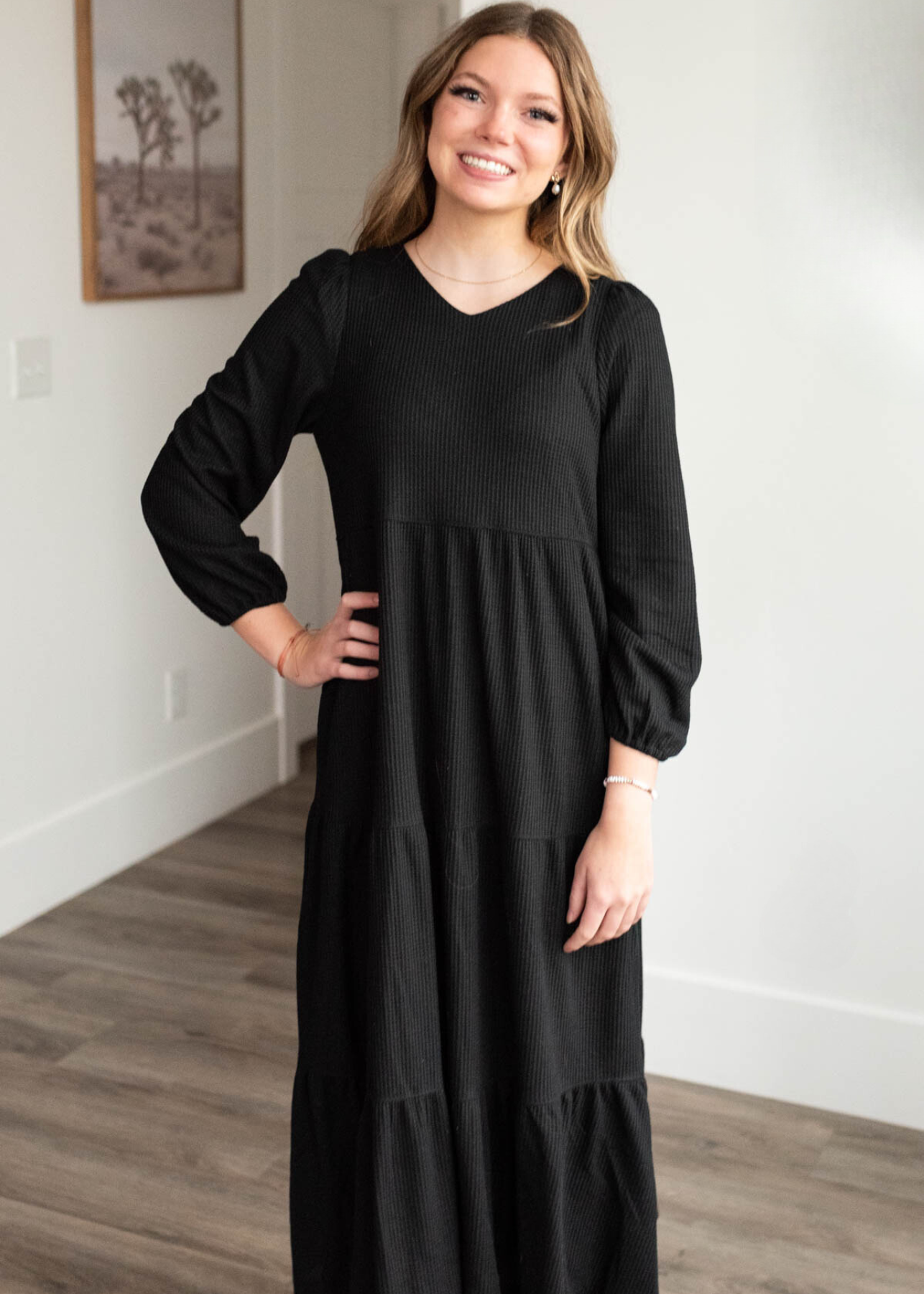 Long sleeve black waffle knit dress