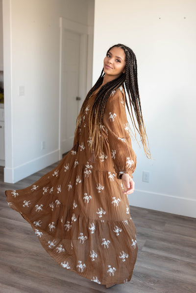 Brown embroidered dress with tiered skirt