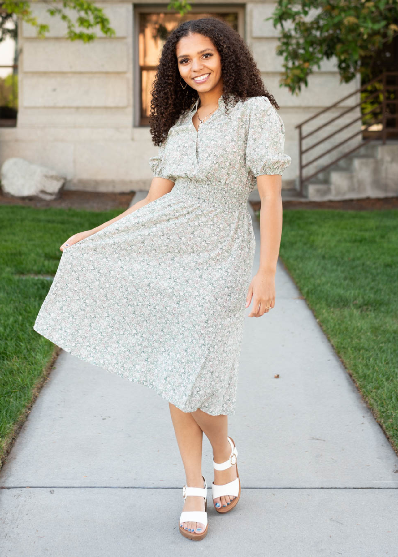 Short sleeve olive floral midi dress