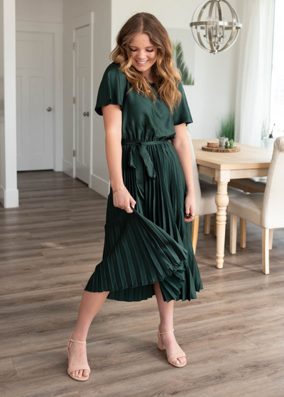 Short sleeve hunter green satin pleat dress