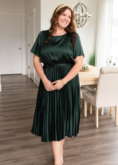 Plus size hunter green satin pleat dress with tie at the waist