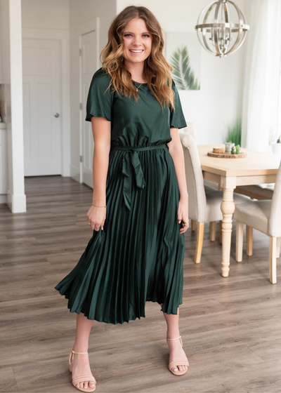 Hunter green satin pleat dress