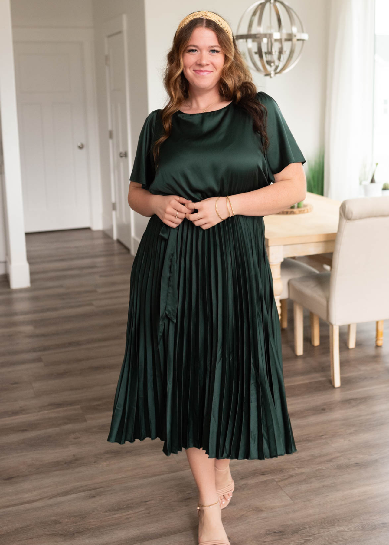 Short sleeve hunter green satin pleat dress