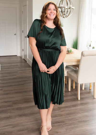 Plus size hunter green satin pleat dress