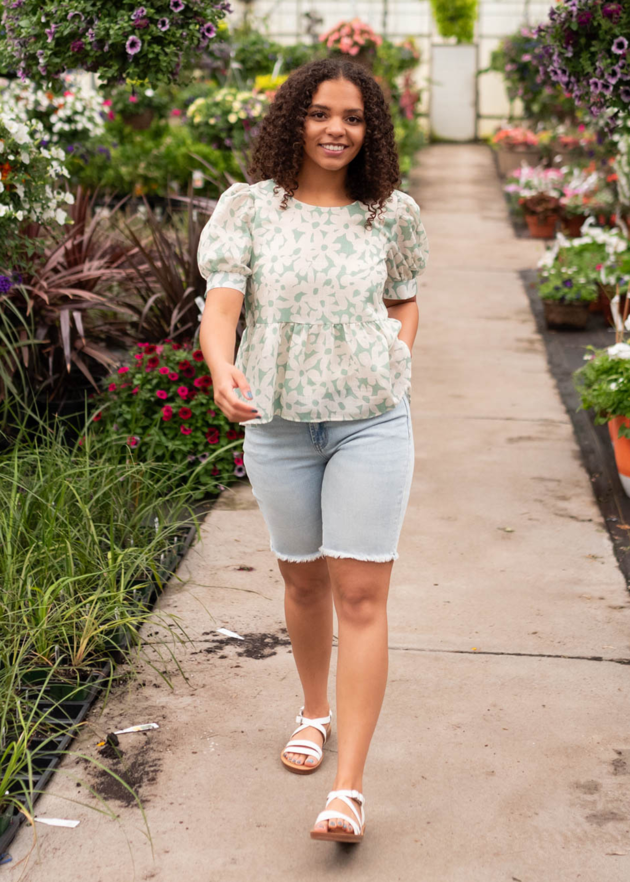 Short sleeve green floral blouse