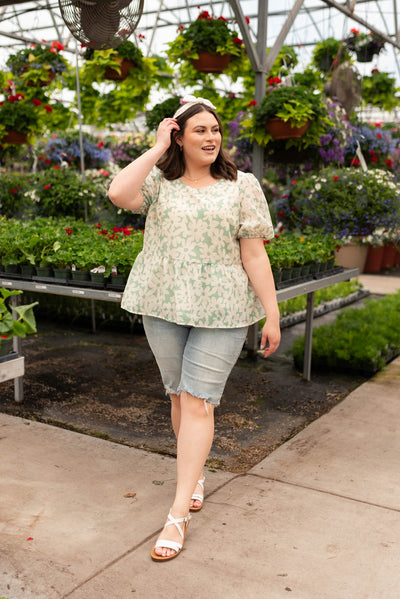 Short sleeve green floral blouse